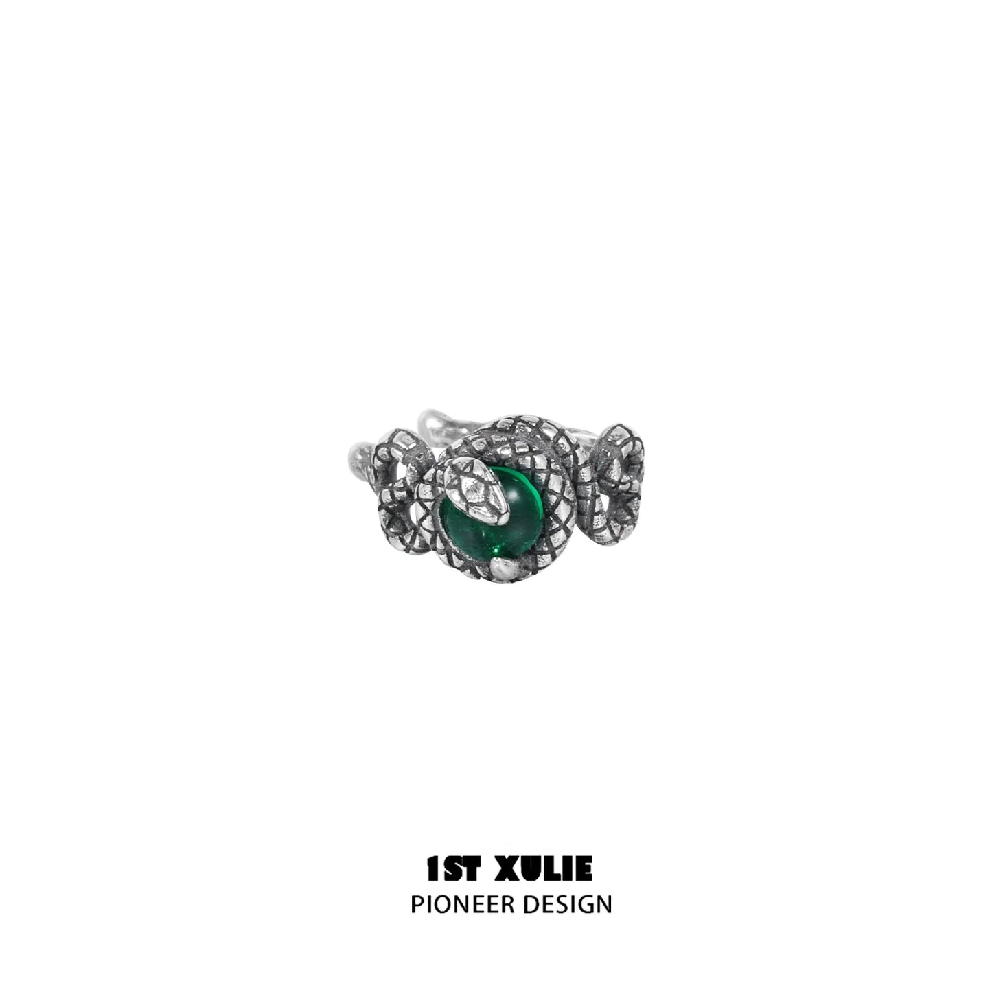 Detailed Slytherin snake ear cuff in silver with emerald green accents for stylish fans