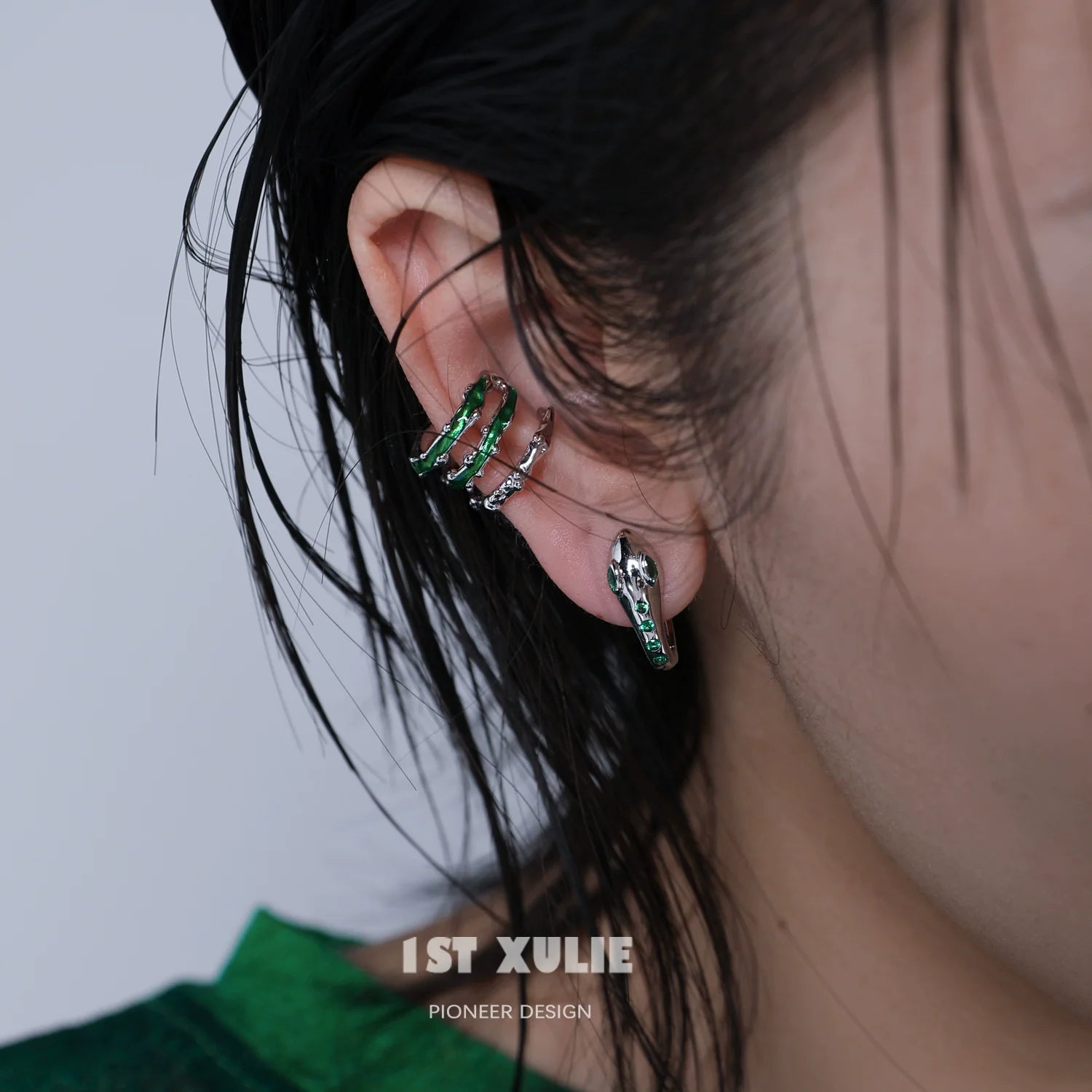 Unique Slytherin snake ear cuff featuring a green and silver design for stylish accessory lovers
