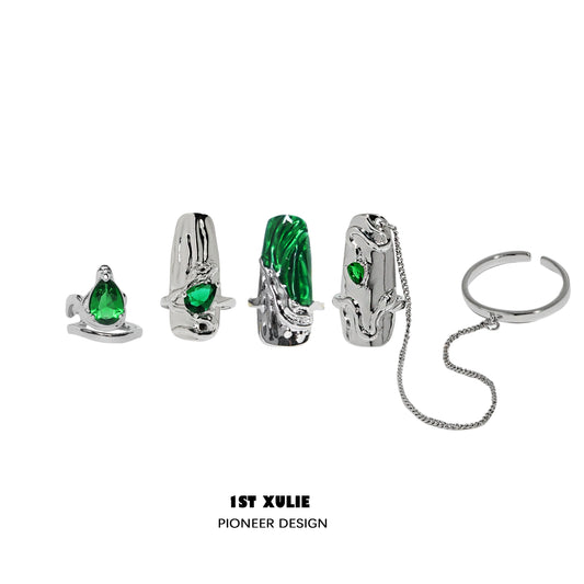 Slytherin snake nail rings set featuring green gemstones and unique designs for bold nail art