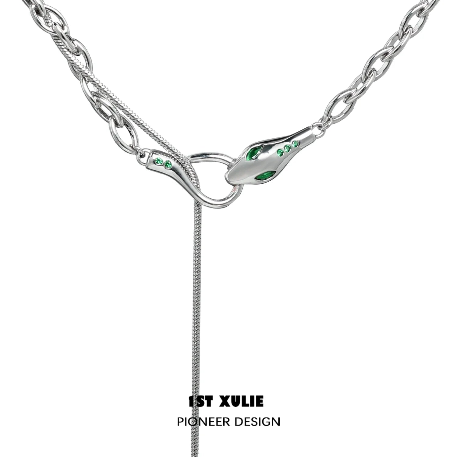 Slytherin snake necklace with emerald accents and sleek silver chain, perfect for fans of Harry Potter