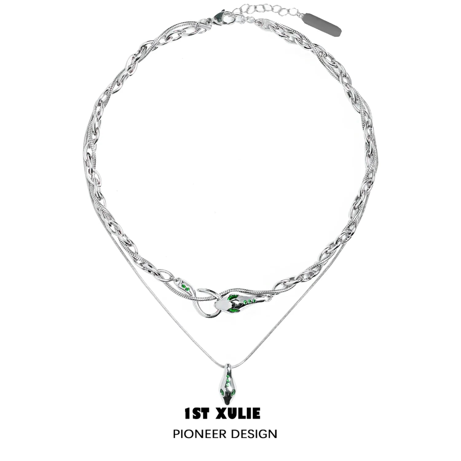 Slytherin snake necklace by 1STXULIE featuring a silver chain and green gemstone accents
