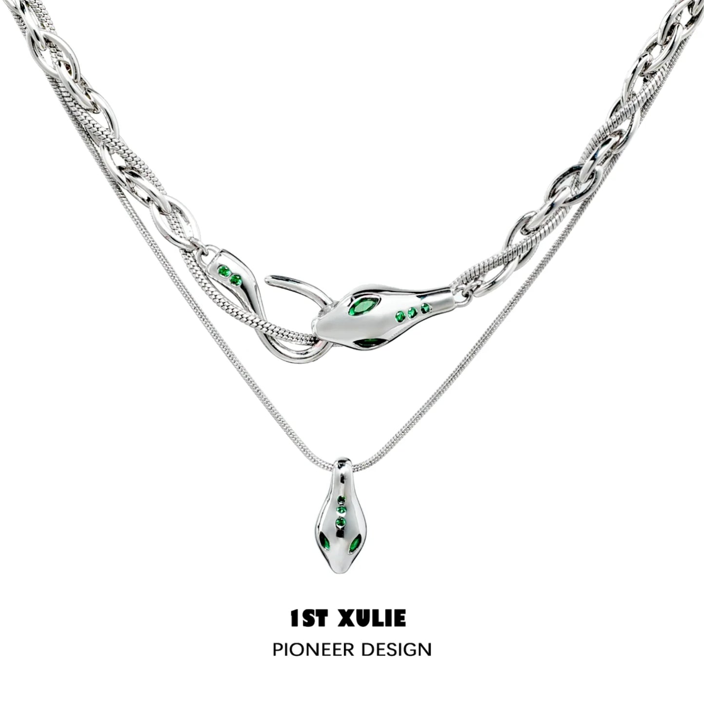 1ST XULIE Slytherin snake necklace in silver with green accents and a unique design