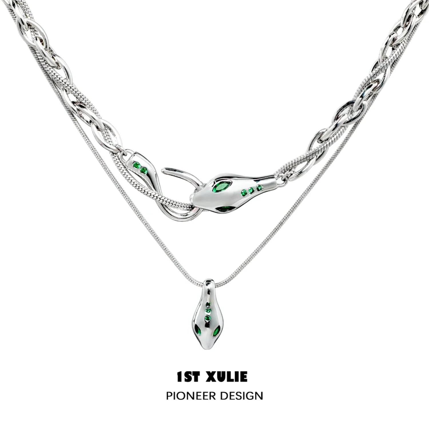 1ST XULIE Slytherin snake necklace in silver with green accents and a unique design