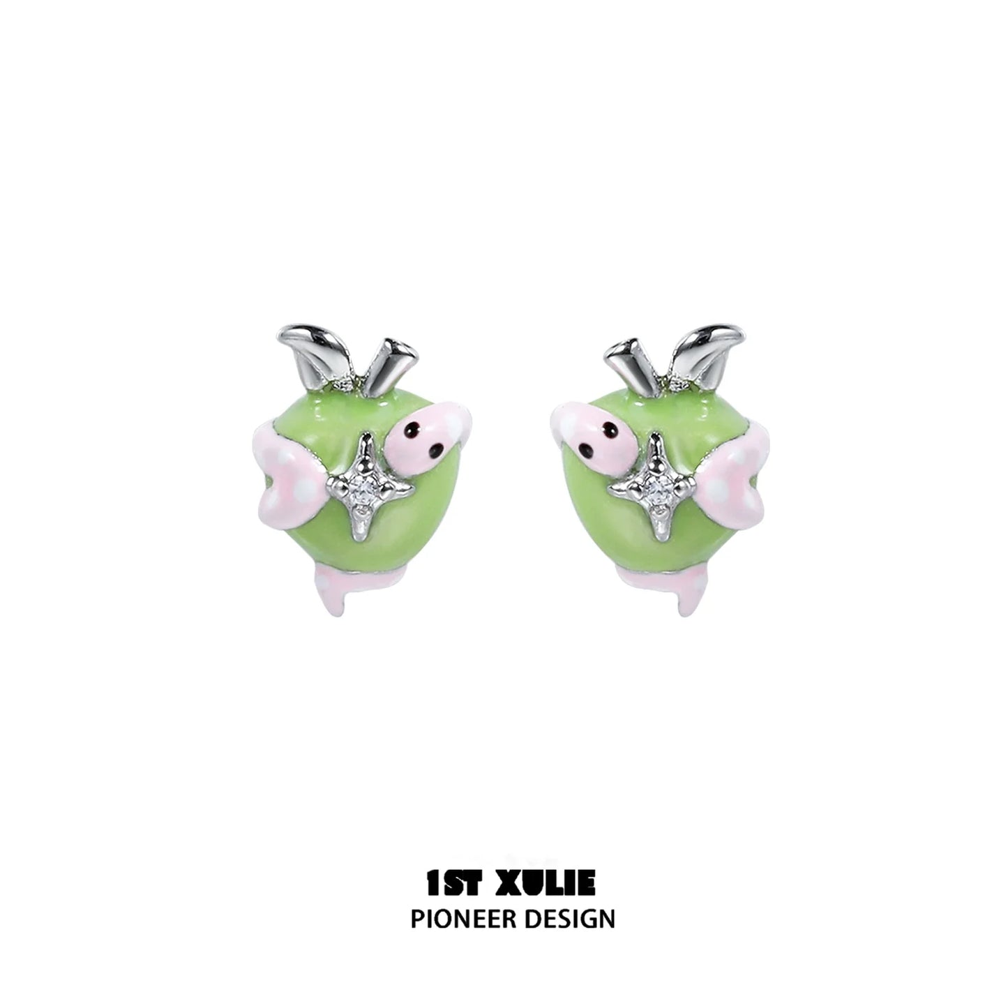 Cute snake apple earrings in green with sparkling accents, perfect for trendy accessories