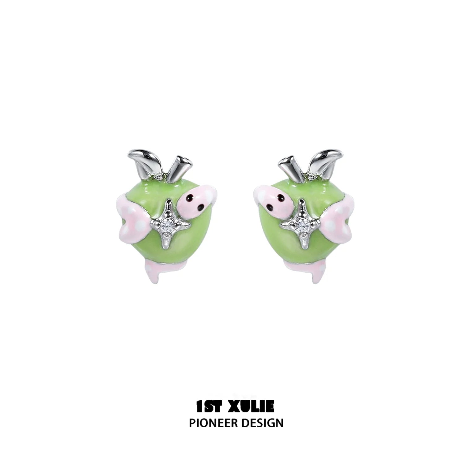 Cute snake apple earrings in green with sparkling accents, perfect for trendy accessories