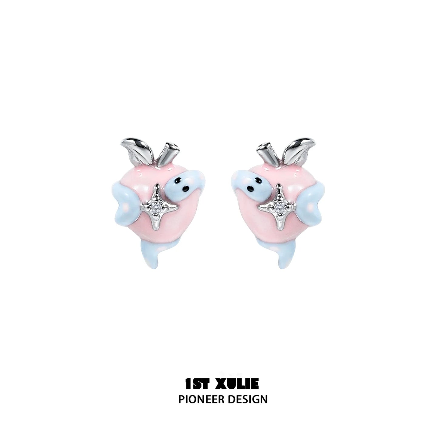 Cute snake apple earrings by 1ST XULIE featuring pastel colors and sparkling details