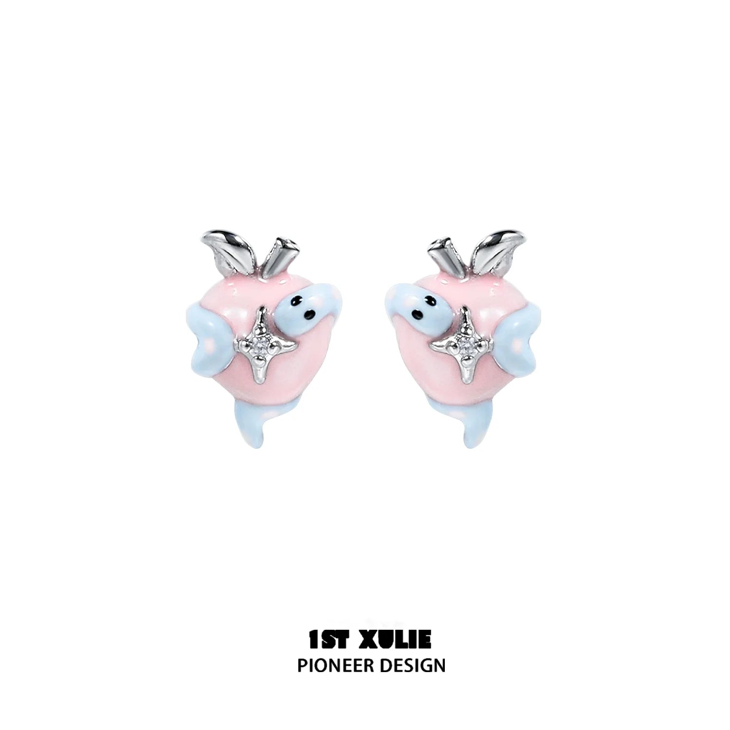 Cute snake apple earrings by 1ST XULIE featuring pastel colors and sparkling details