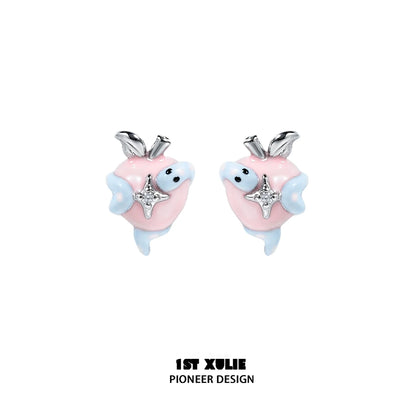Cute snake apple earrings by 1ST XULIE featuring pastel colors and sparkling details