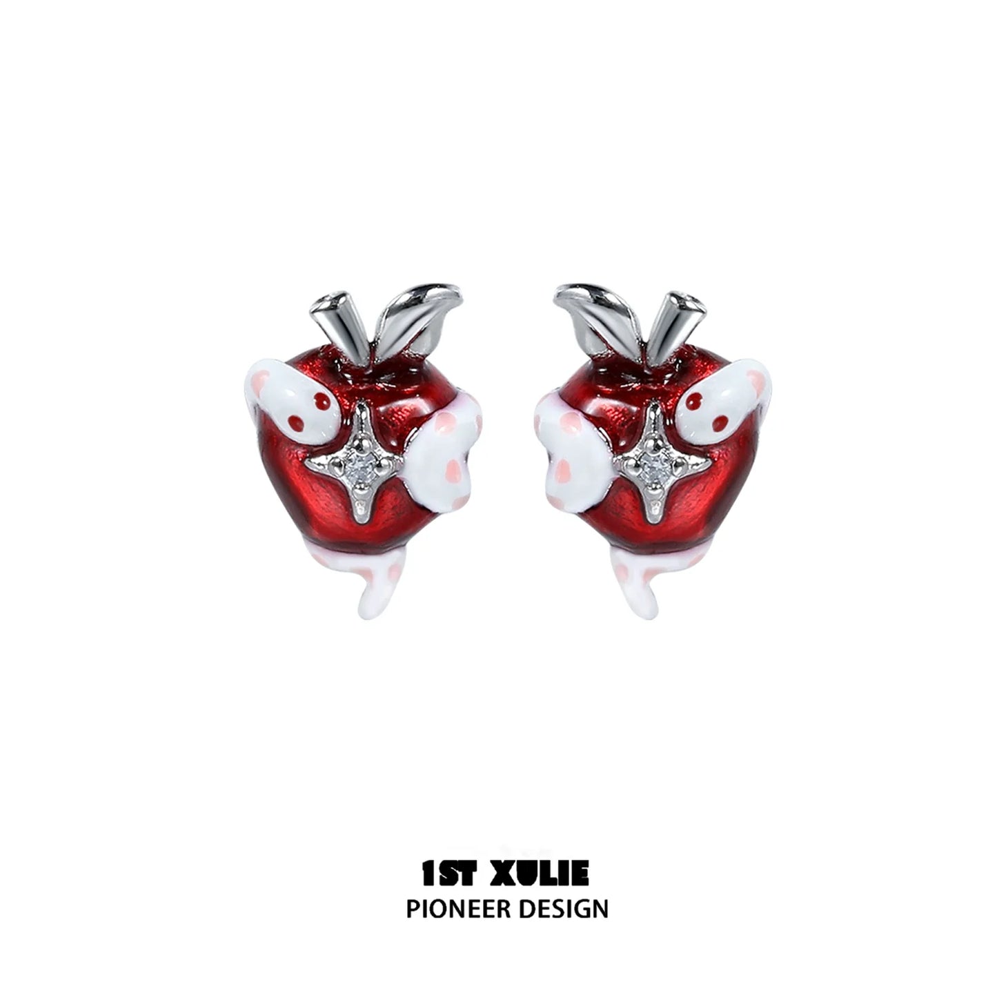 Colorful snake apple earrings featuring a shiny red apple design with white accents