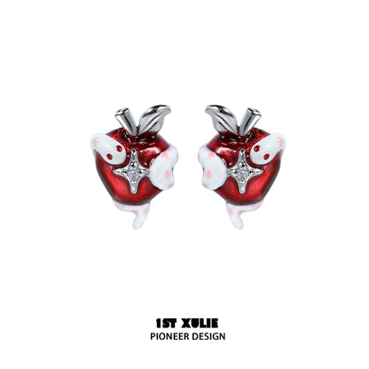 Colorful snake apple earrings featuring a shiny red apple design with white accents