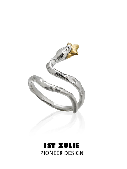 1ST XULIE sterling silver snake ring with a unique twisted design and gold star accent
