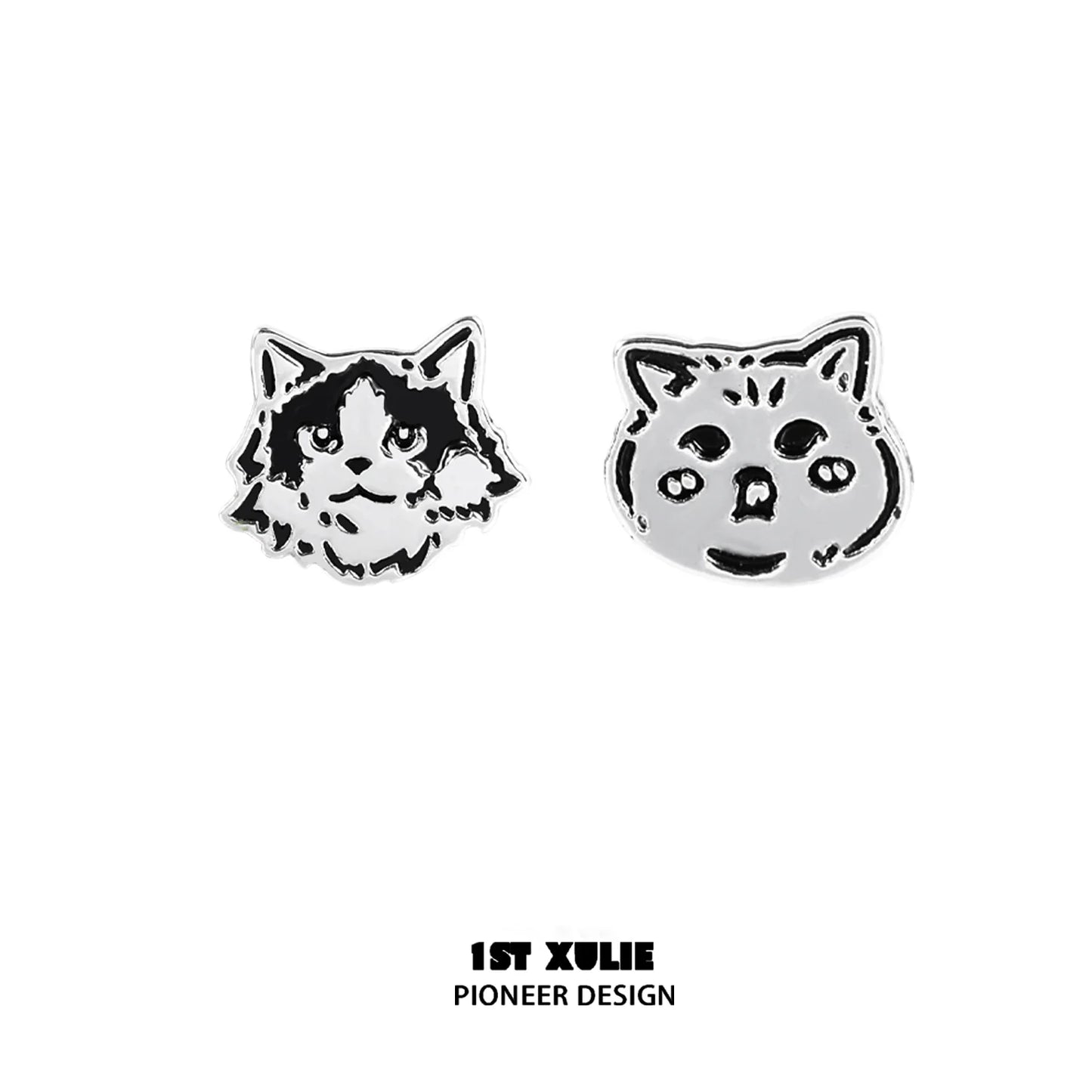 Unique street art cat earrings featuring playful cat designs in black and silver