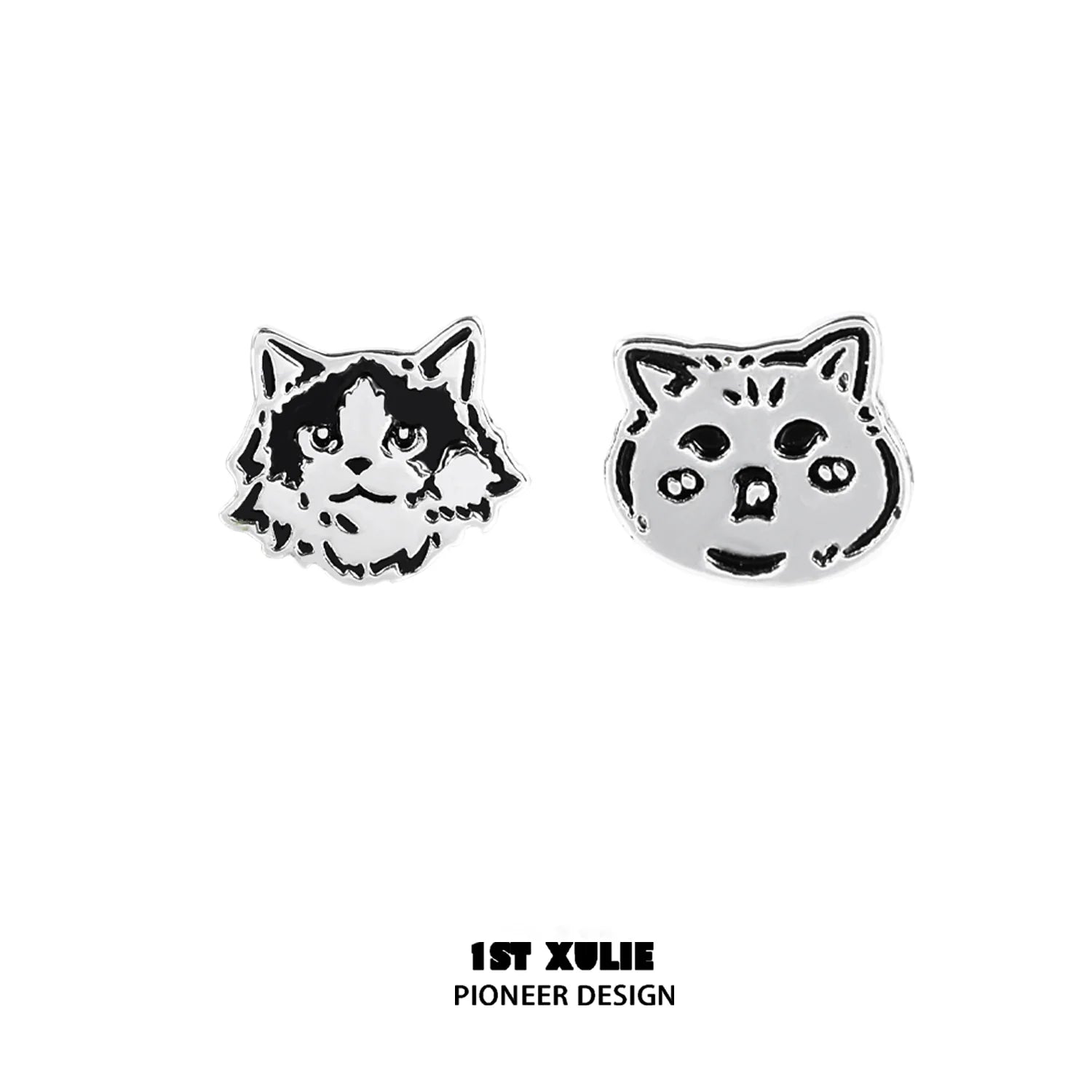 Unique street art cat earrings featuring playful cat designs in black and silver