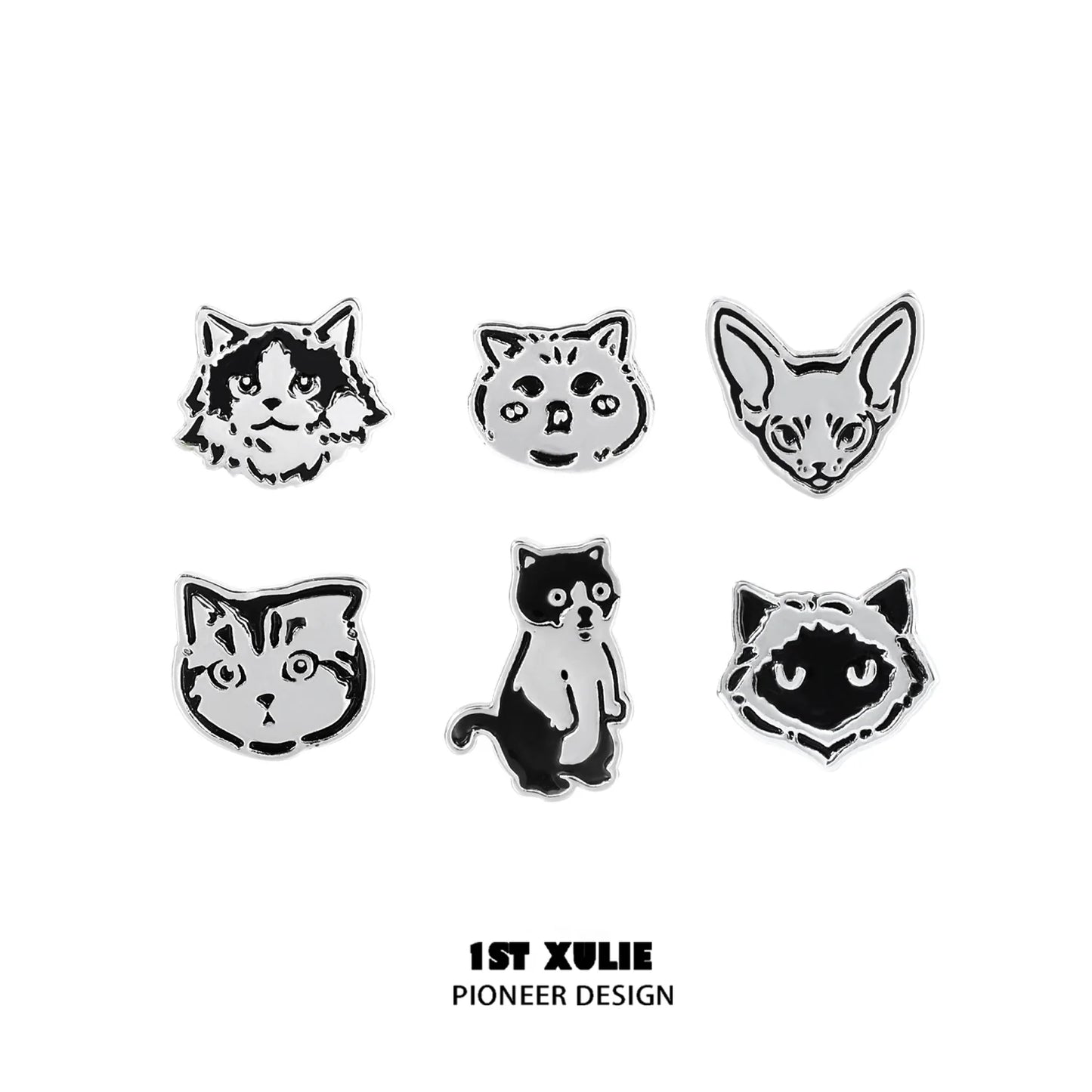 Set of street art cat earrings featuring six unique cat designs in a stylish silver finish