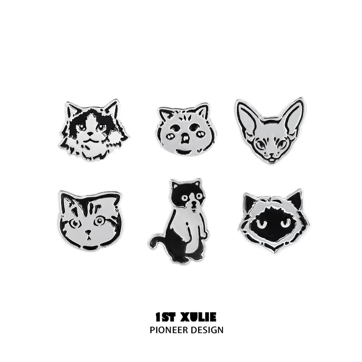 Set of street art cat earrings featuring six unique cat designs in a stylish silver finish