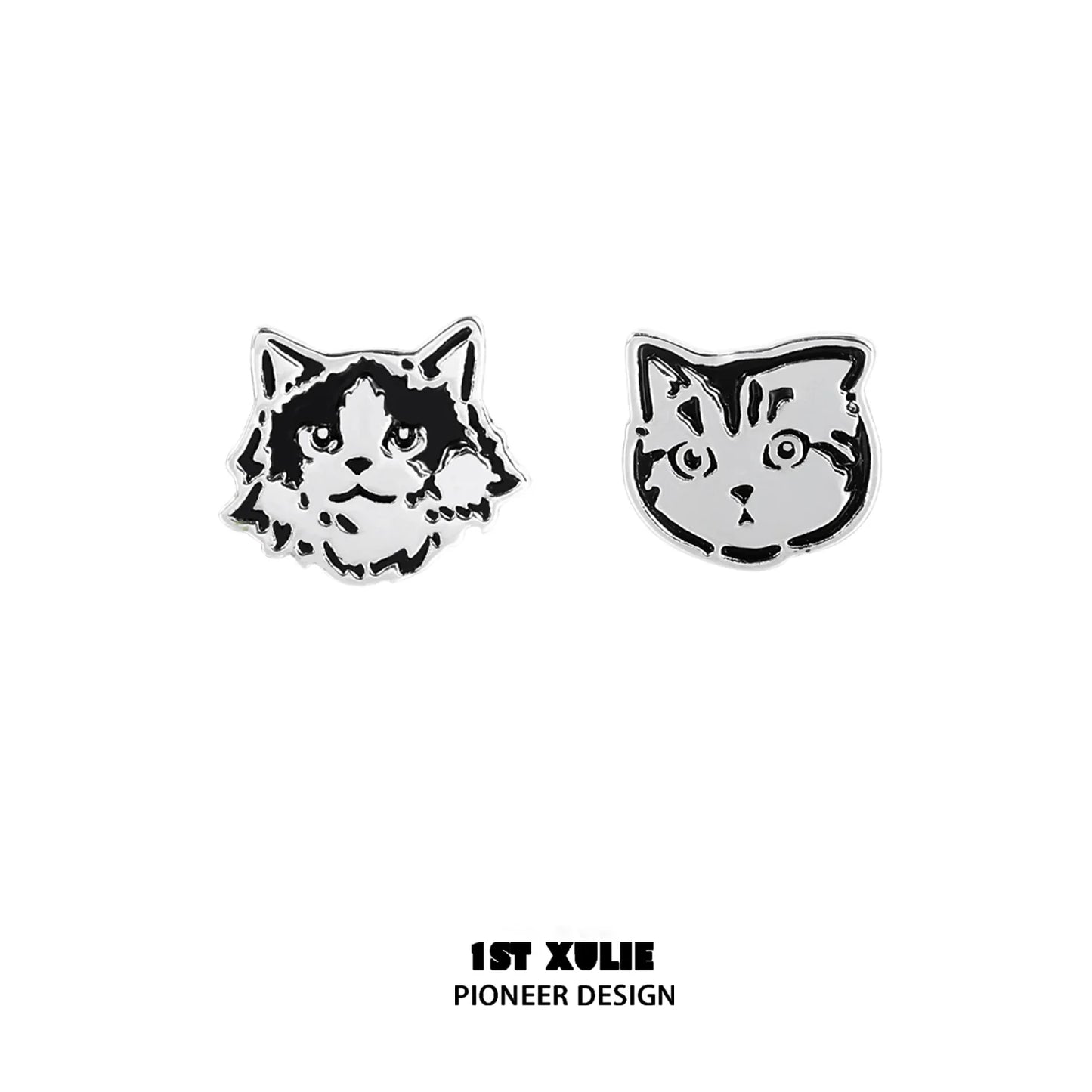 Stylish street art cat earrings featuring two unique cat designs in black and silver