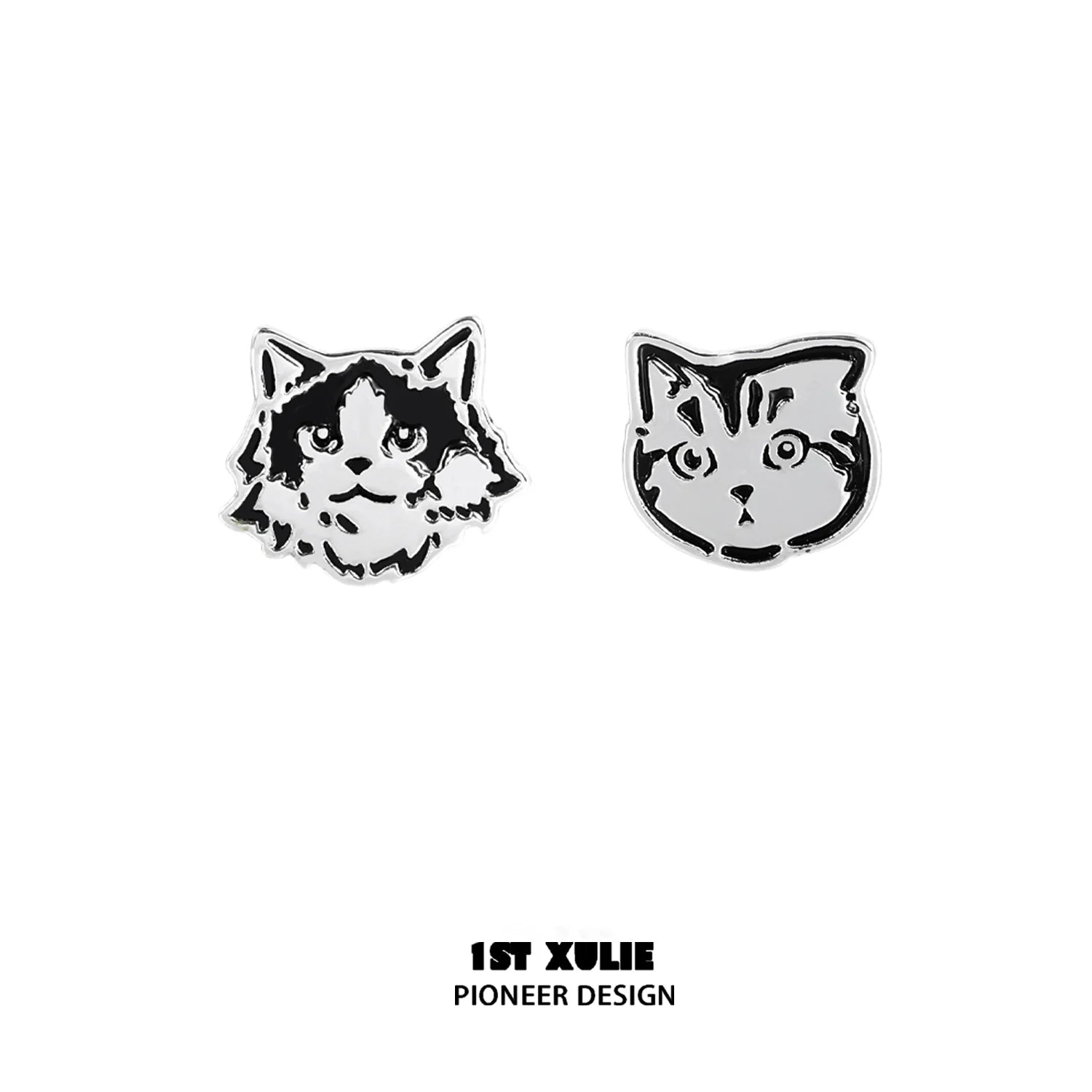 Stylish street art cat earrings featuring two unique cat designs in black and silver
