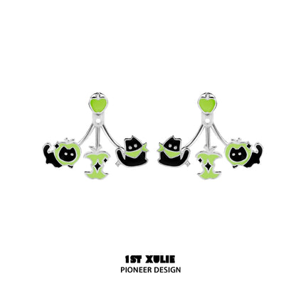 Sweet apple pet removable earrings featuring playful black cats and green apple accents
