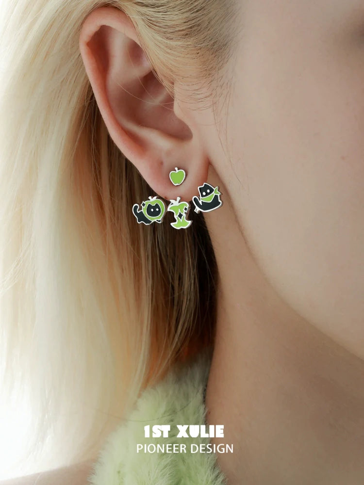 Sweet apple pet removable earrings with playful designs featuring cute animals and an apple
