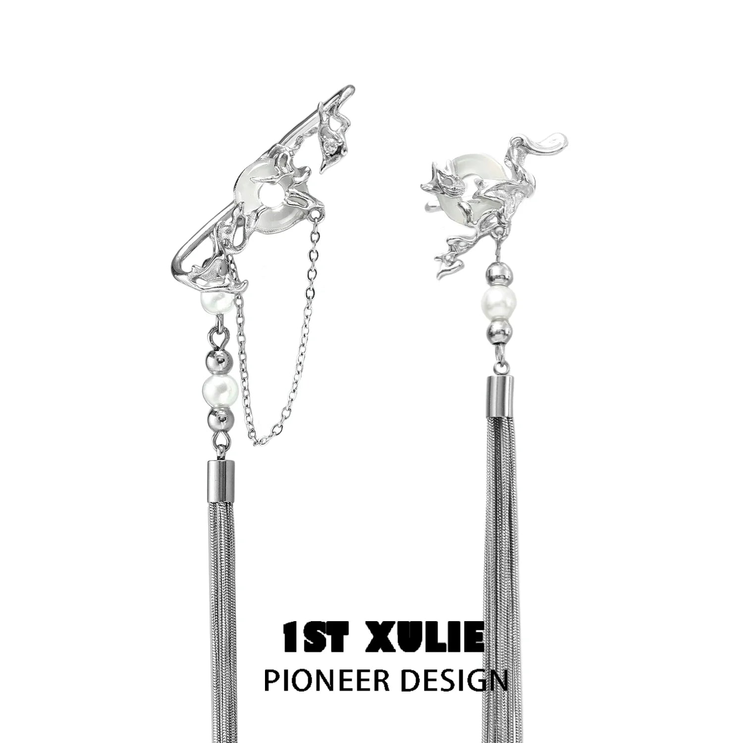 Elegant unique tassel earrings with pearl accents and intricate design by 1STXULIE