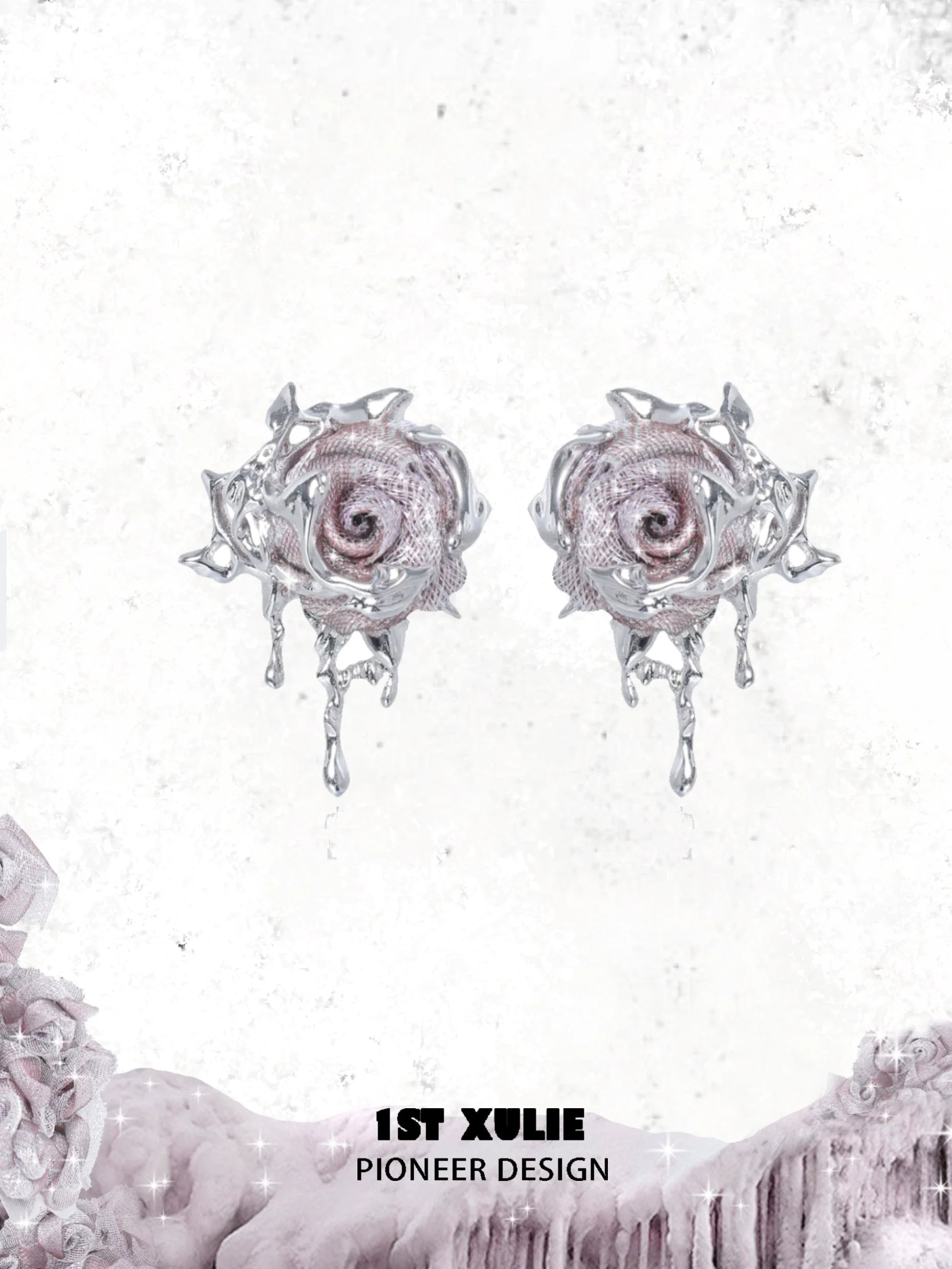 Velvet rose stud earrings with intricate silver detailing and sparkling accents