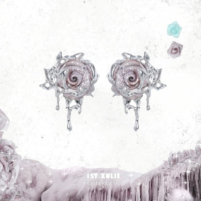 Stylish velvet rose stud earrings with intricate detailing and a silver finish from 1STXULIE