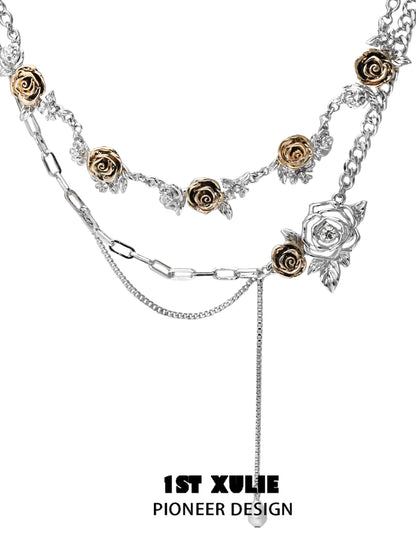 Vintage rose necklace with silver and gold-tone roses and elegant chain design