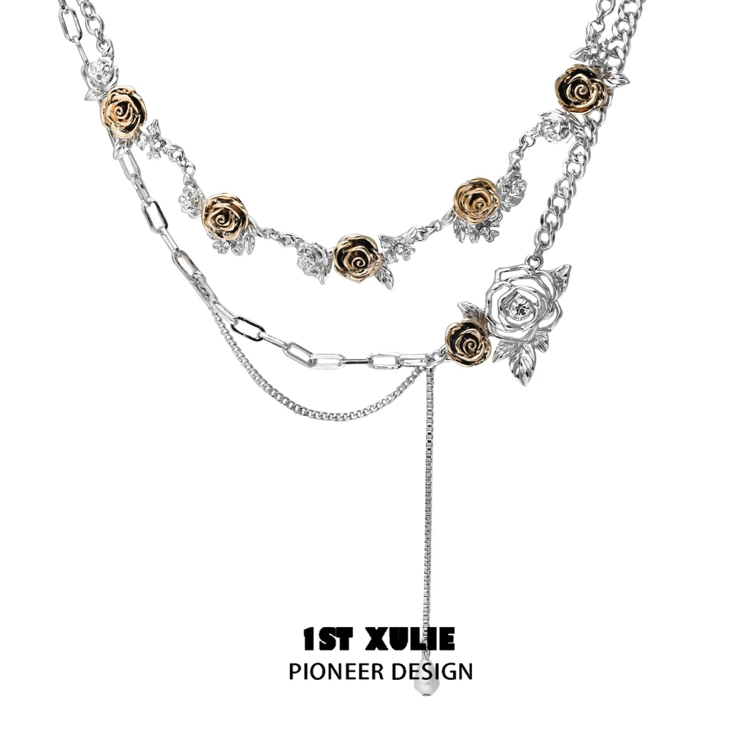 Vintage rose necklace featuring silver and gold dual-tone roses and a unique chain design
