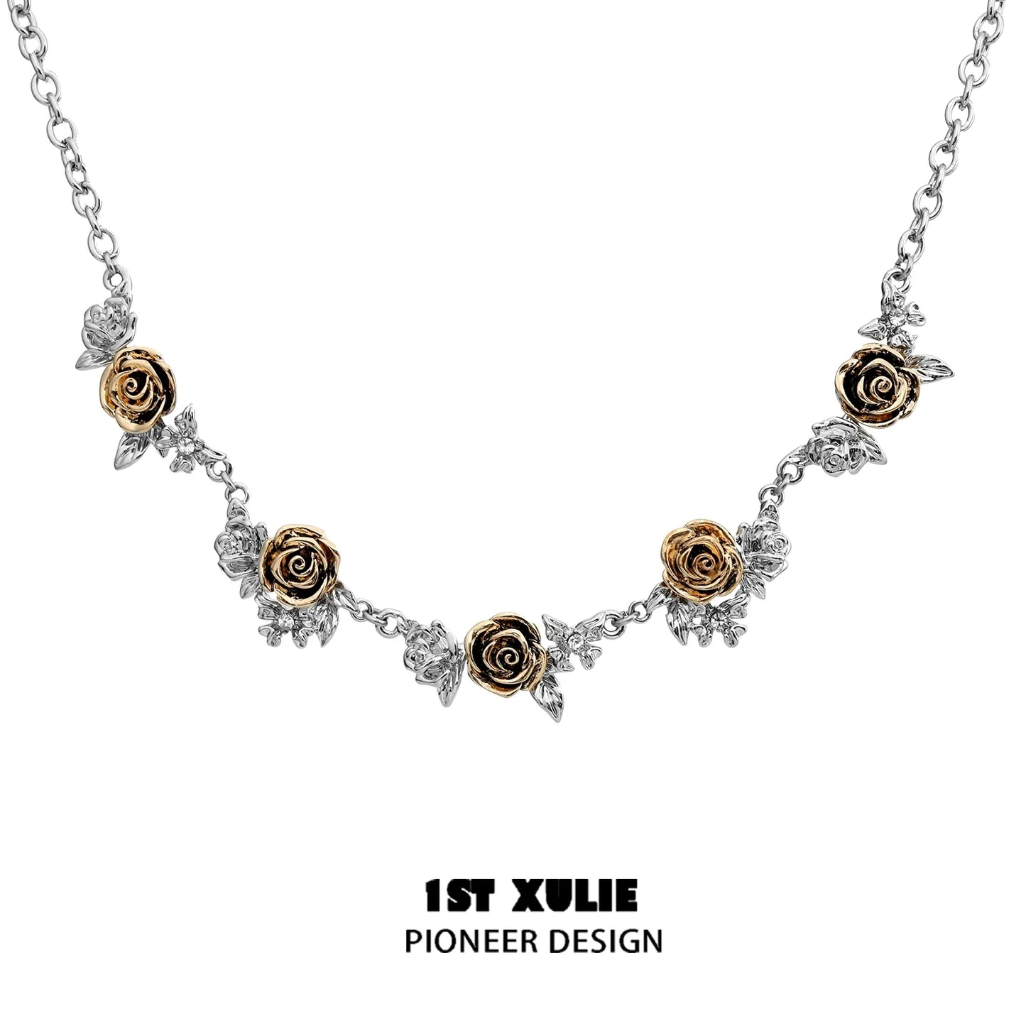 Vintage rose necklace features silver and gold roses with intricate leaf details for elegant style