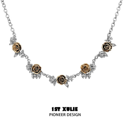 Vintage rose necklace features silver and gold roses with intricate leaf details for elegant style
