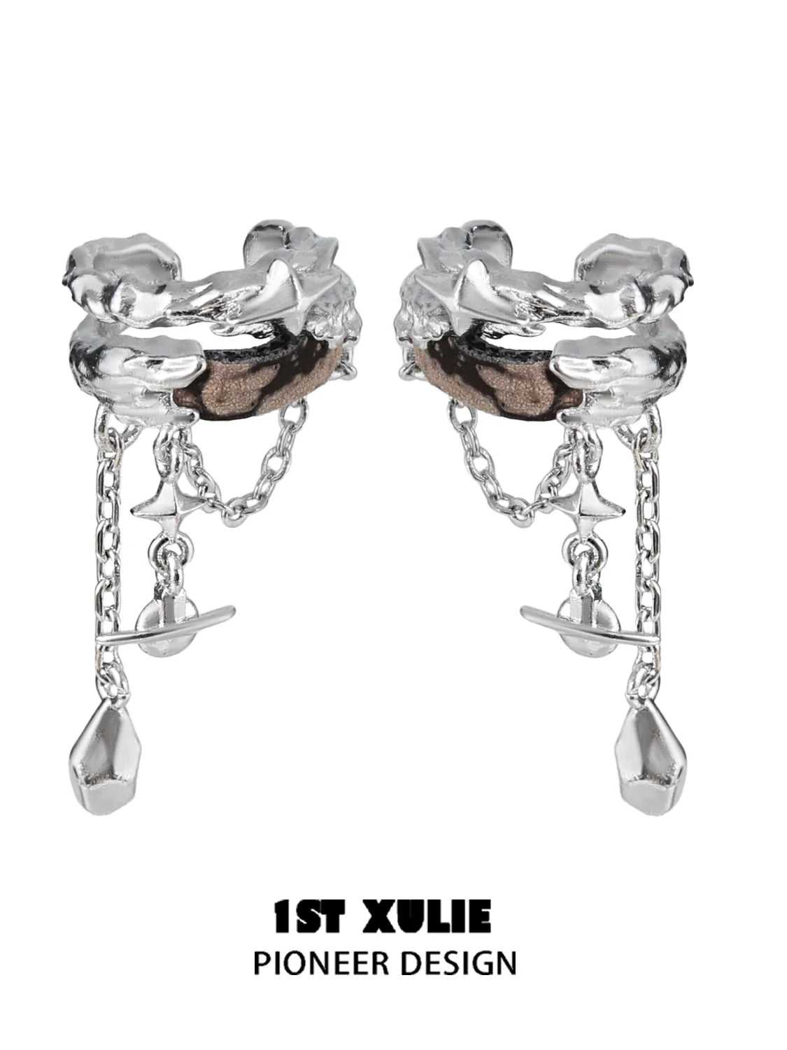 1ST XULIE Wasteland ear cuff earrings in silver with unique design and dangling chains