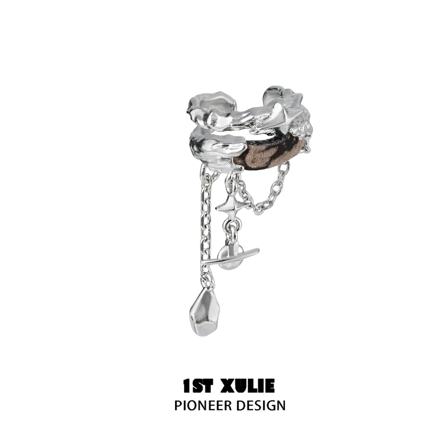Wasteland ear cuff earrings from 1ST XULIE featuring unique sculptural design with metal chains and accents