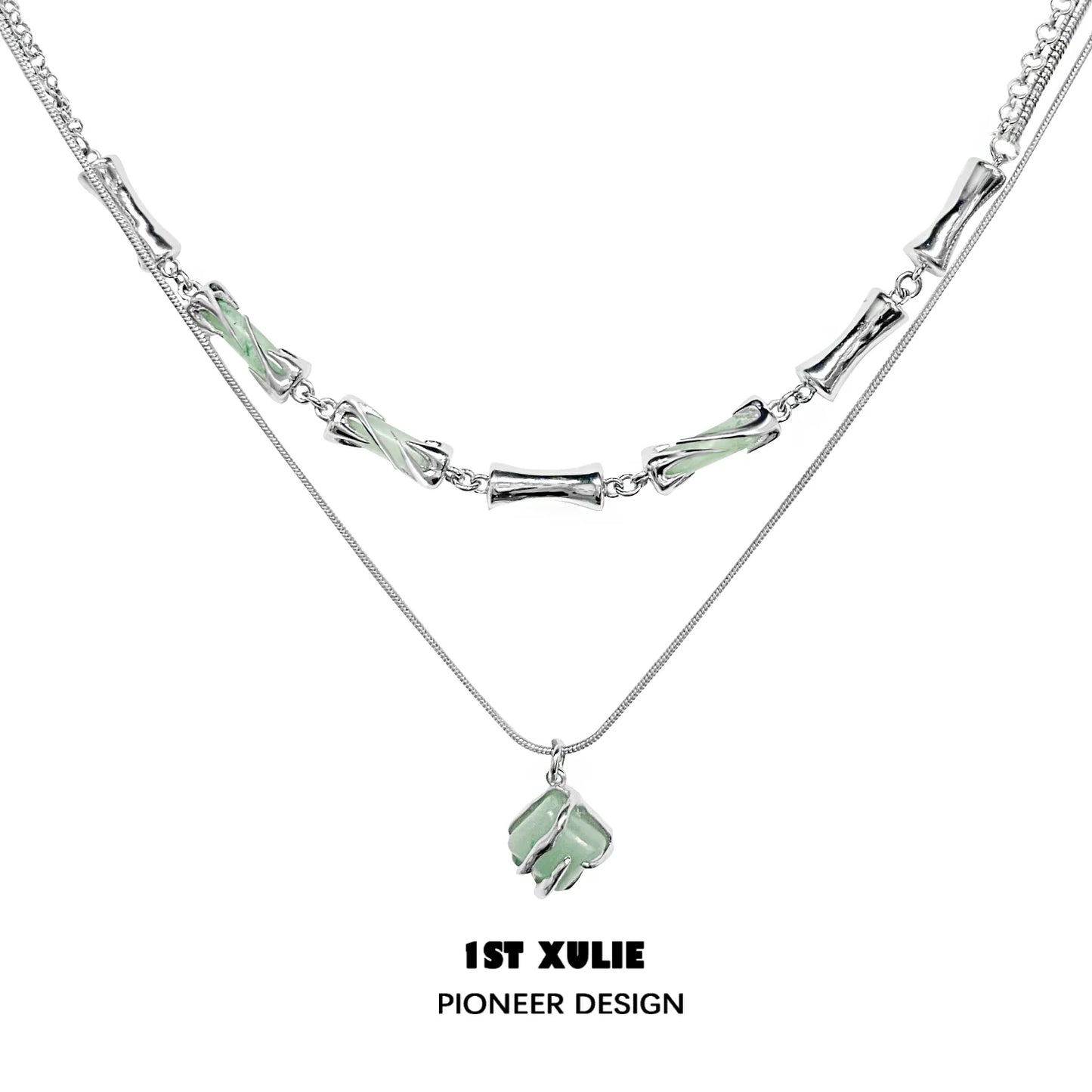 Y2K bamboo necklace with silver chain and green accents, perfect for trendy fashion enthusiasts