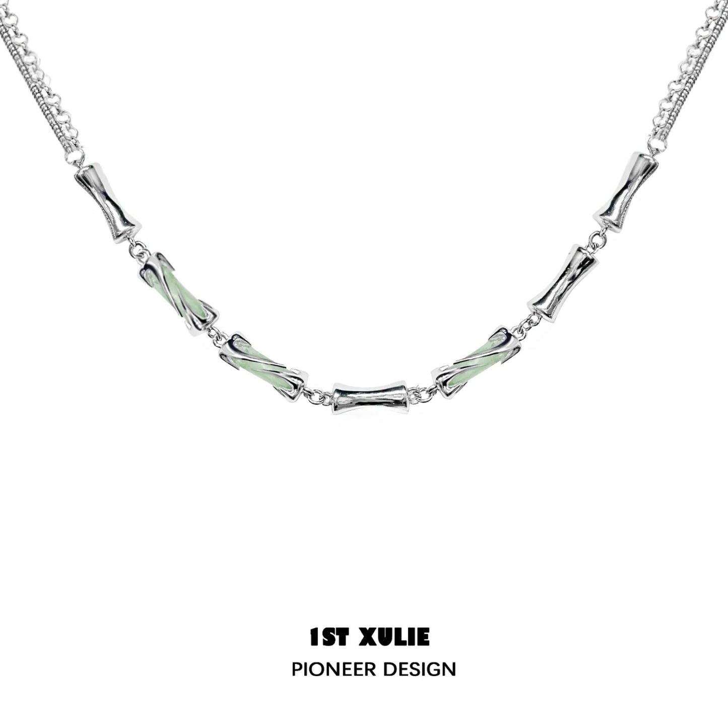 1STXULIE Y2K bamboo necklace featuring silver-tone metal and bamboo-inspired design