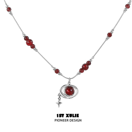 1STXULIE Y2K beaded necklace featuring red beads and a silver pendant for a trendy look