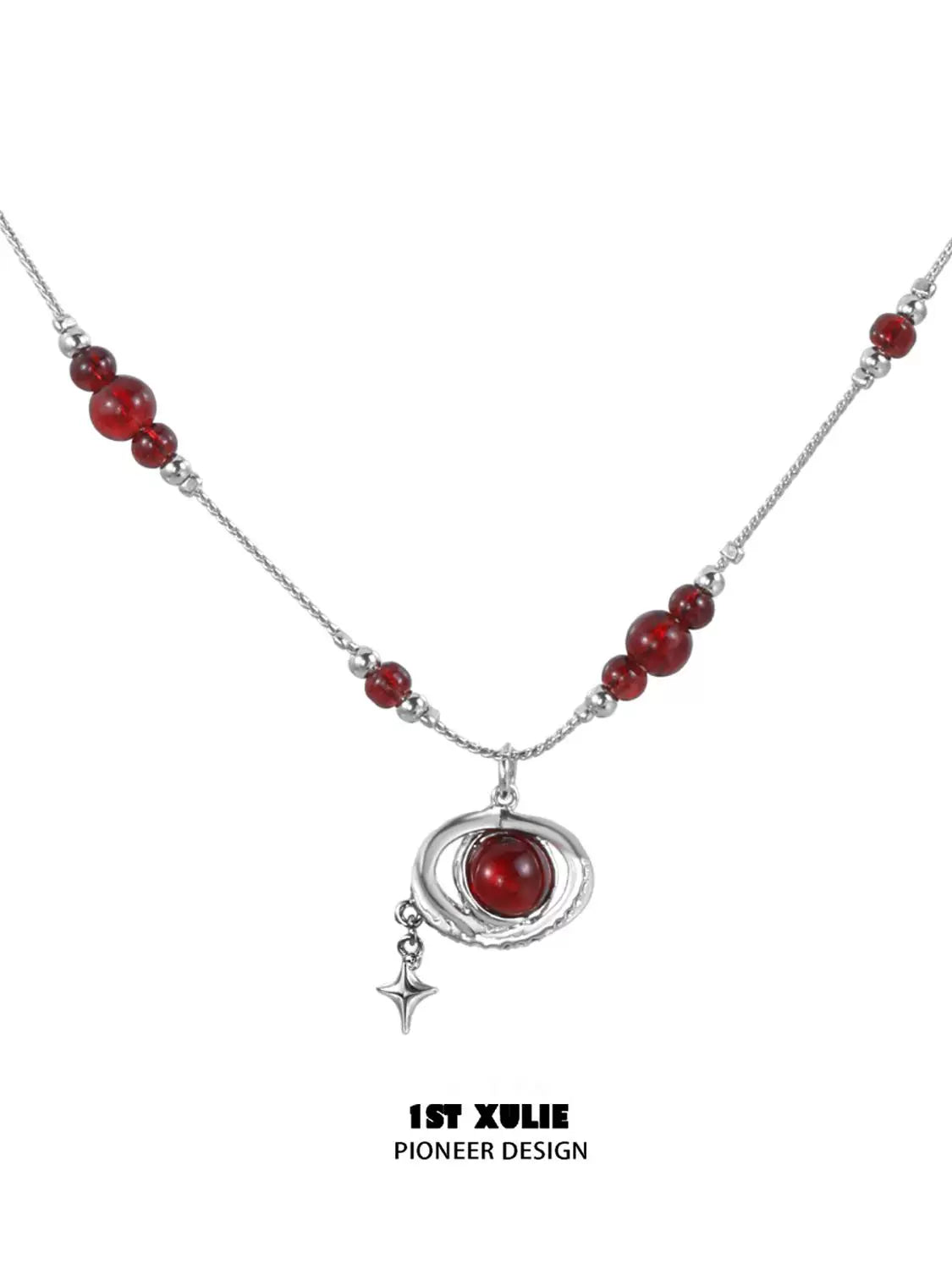Y2K beaded necklace featuring red beads and a silver pendant for a trendy look