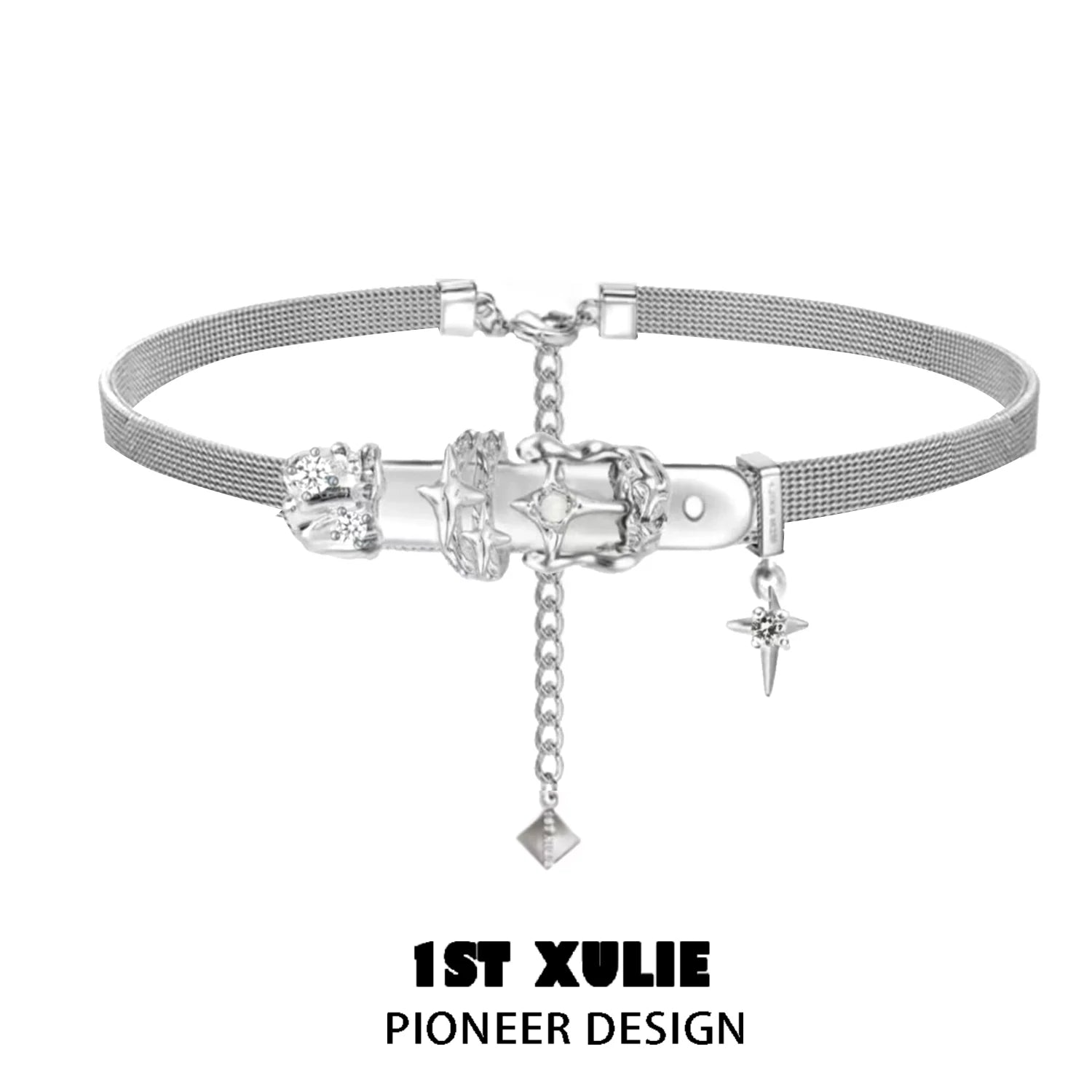 Y2K belt buckle choker from 1ST XULIE featuring unique silver designs and an adjustable chain