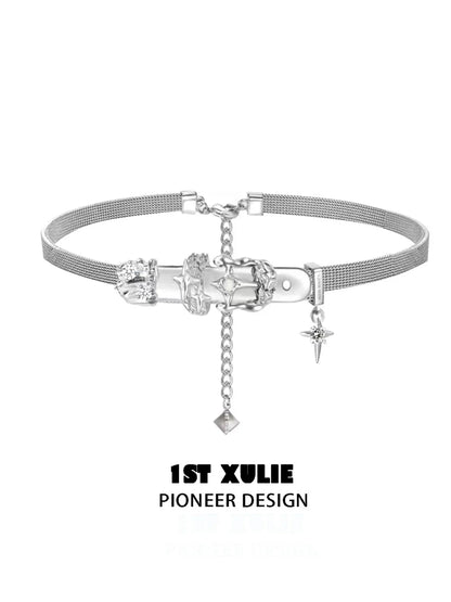1ST XULIE Y2K belt buckle choker with a unique metal design and adjustable chain details