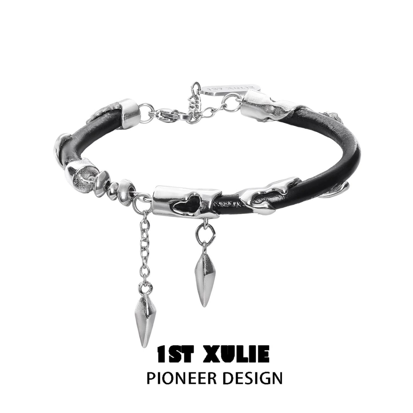 Y2K black chain leather bracelet with silver accents and decorative spikes for a stylish look