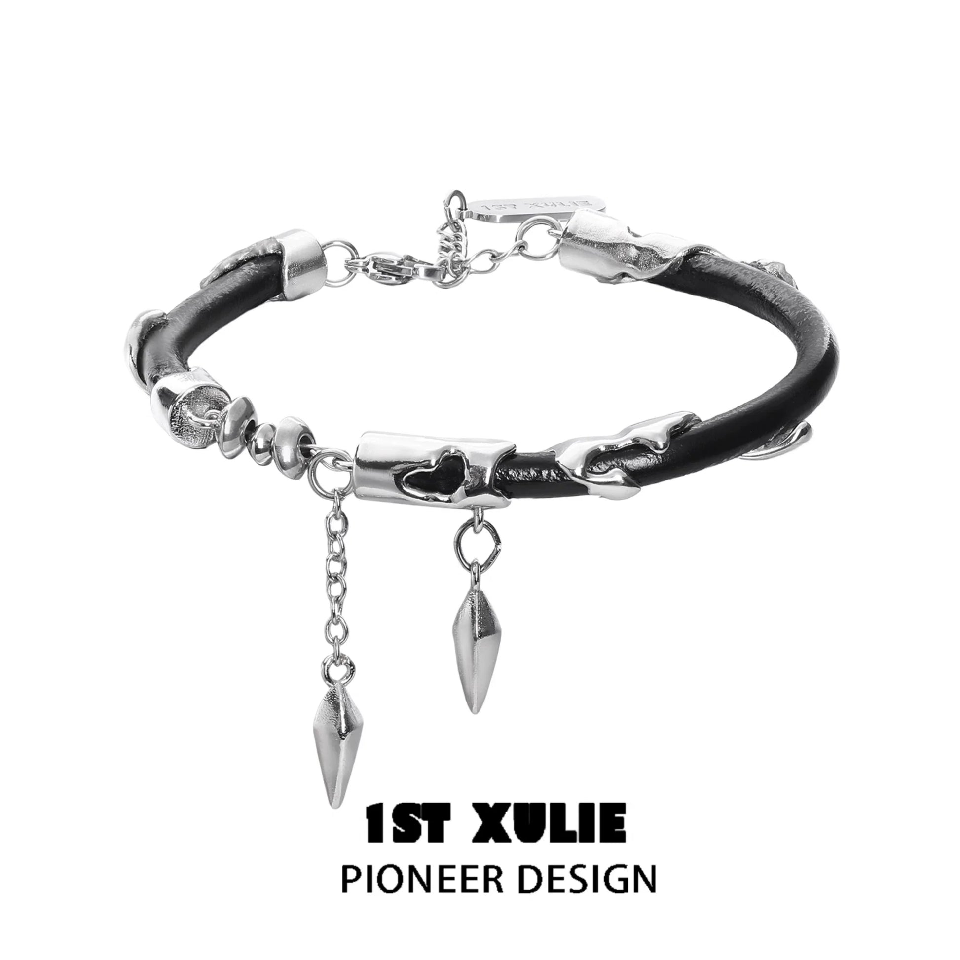 Y2K black chain leather bracelet with silver accents and decorative spikes for a stylish look