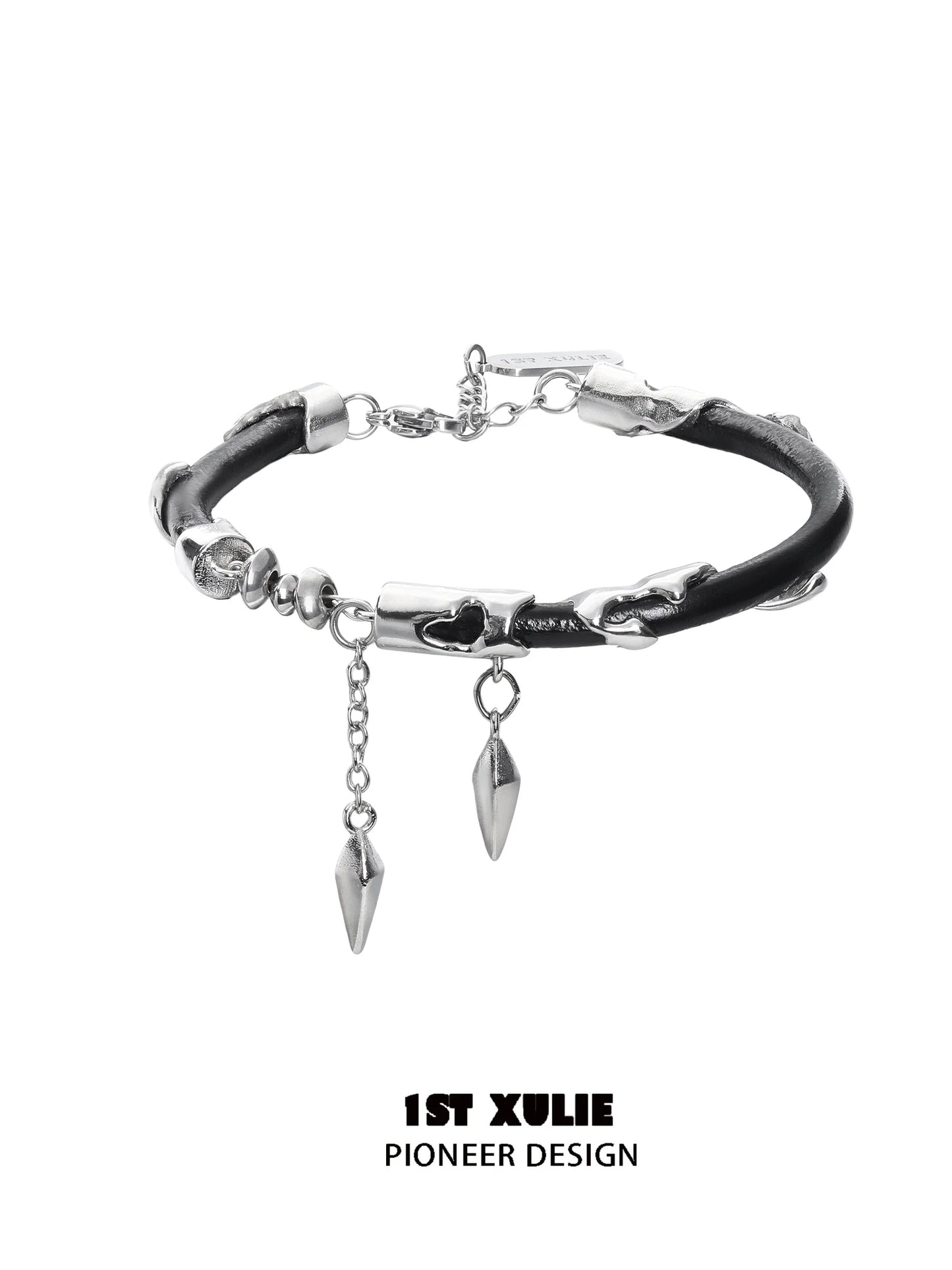 Y2K black chain leather bracelet featuring metal spikes and edgy design by 1ST XULIE
