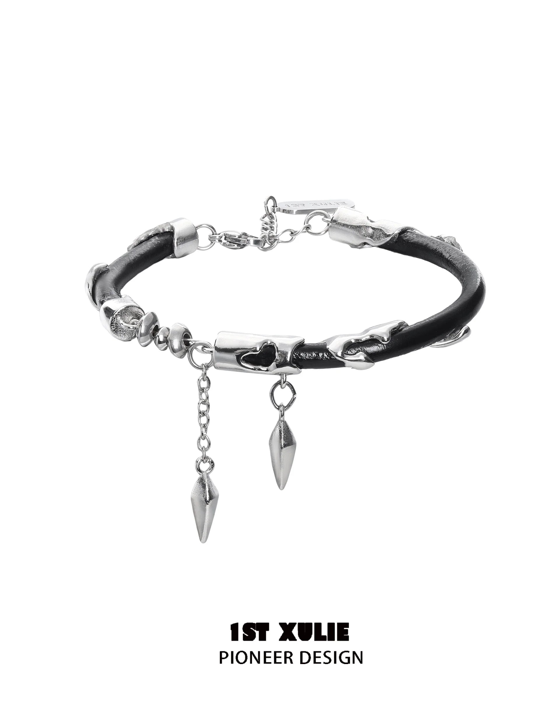 Y2K black chain leather bracelet featuring metal spikes and edgy design by 1ST XULIE