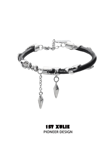 Y2K black chain leather bracelet featuring metal spikes and edgy design by 1ST XULIE