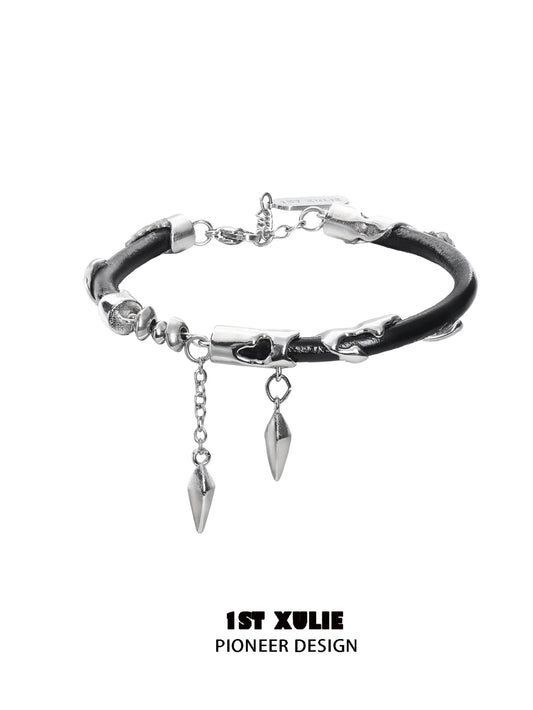 Y2K black chain leather bracelet featuring metal spikes and edgy design by 1ST XULIE