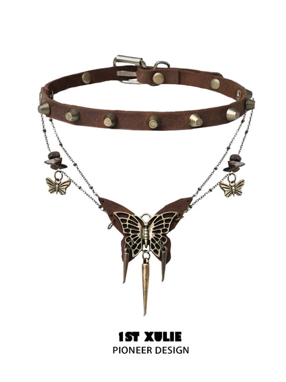Y2K butterfly leather necklace with metal accents and layered design for a trendy look