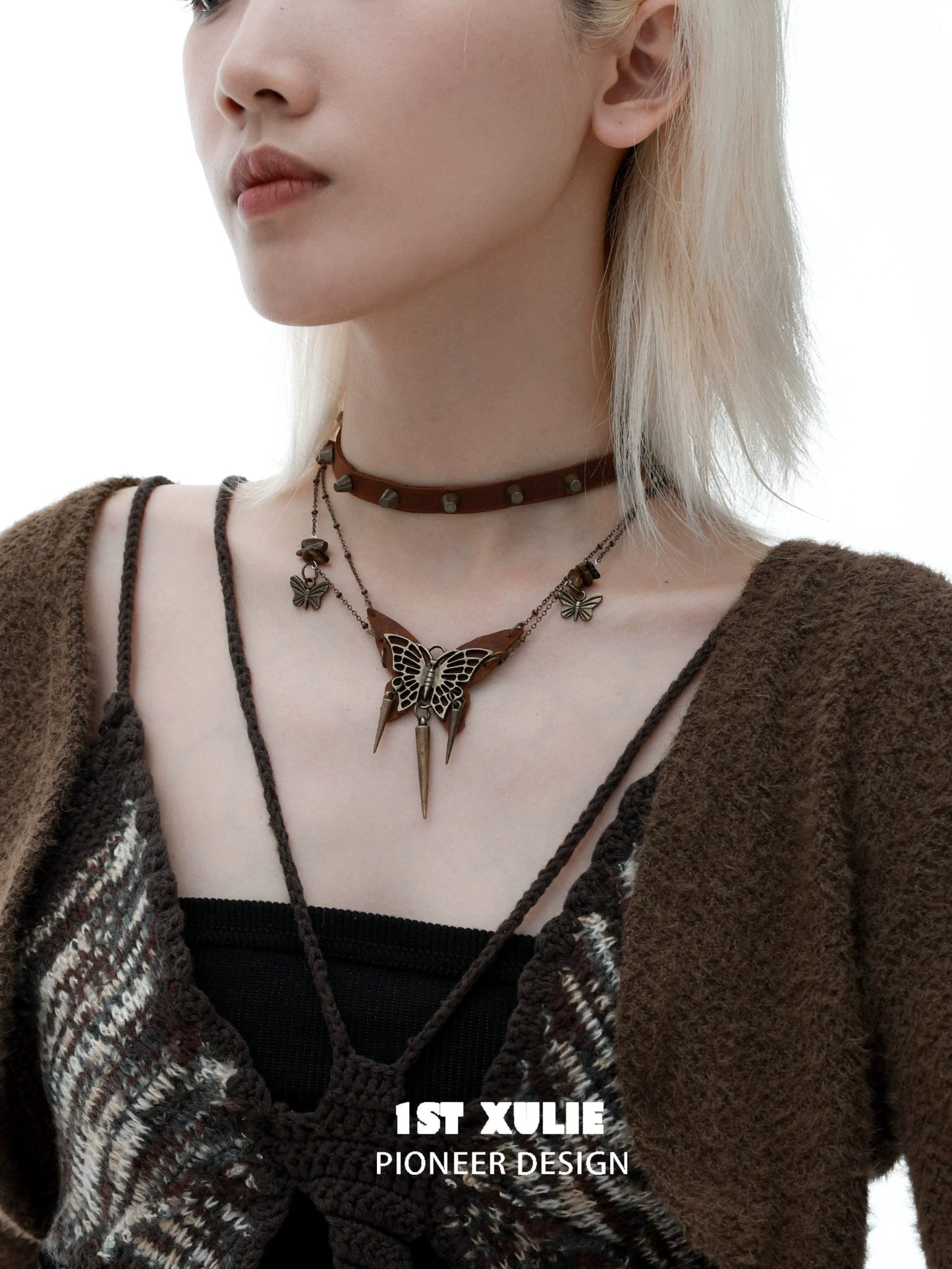 Y2K butterfly leather necklace featuring unique butterfly and floral designs for a trendy look