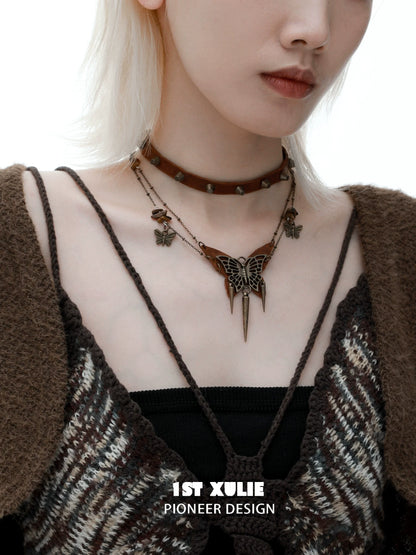 Y2K butterfly leather necklace with layered design and decorative charms for a trendy look