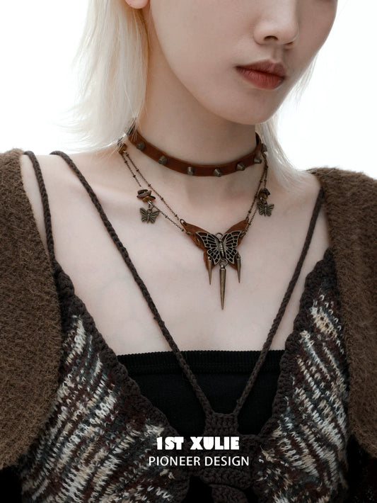 Y2K butterfly leather necklace with layered design and decorative charms for a trendy look