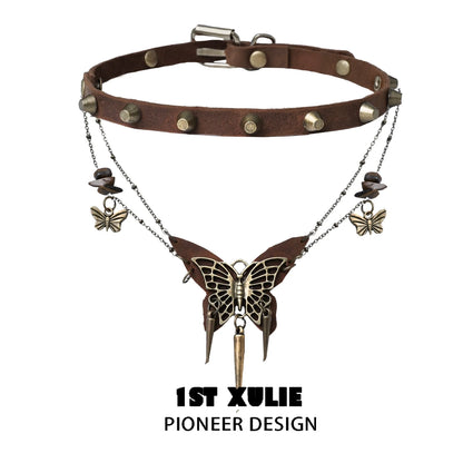 Y2K butterfly leather necklace with unique butterfly charm and decorative accents for trendy fashion lovers