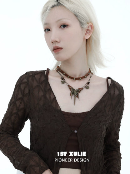 Model wearing a Y2K butterfly leather necklace with stylish layered design and unique charm accents